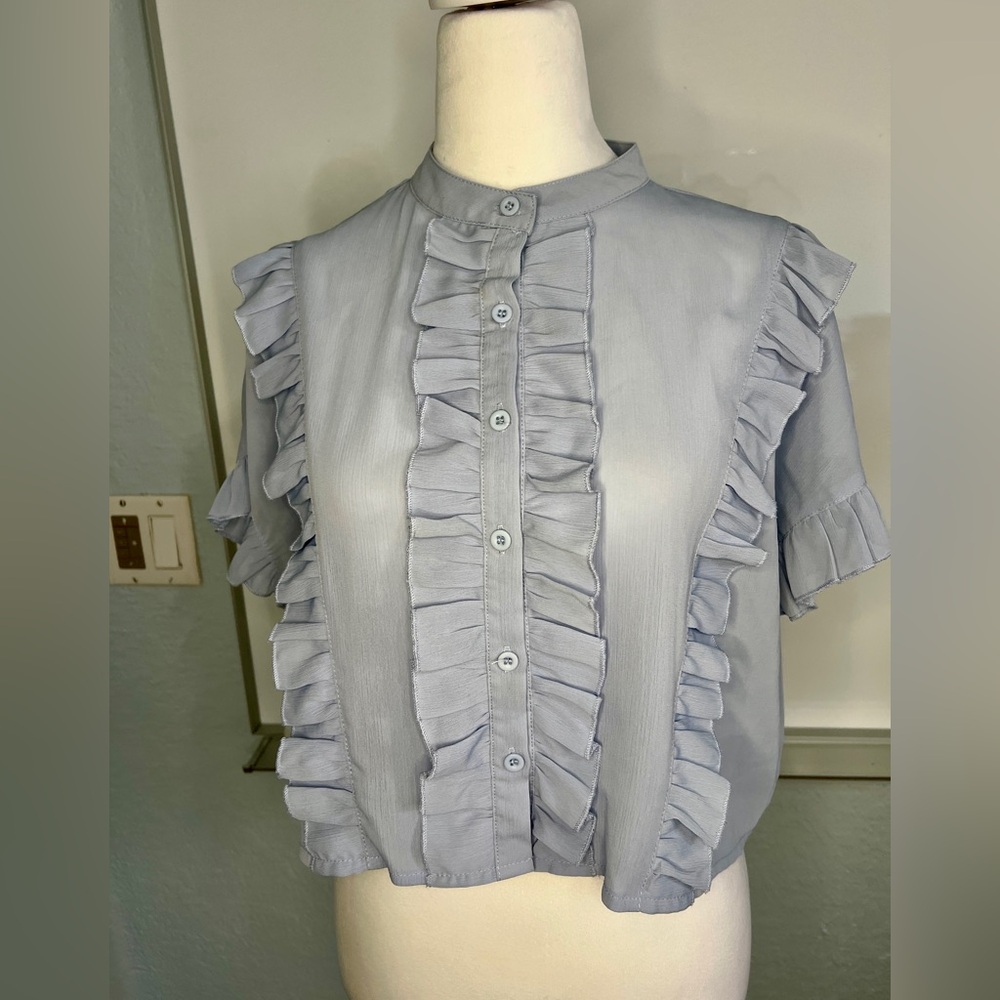Light Blue Ruffled Button-Up Blouse - Picture 4 of 12